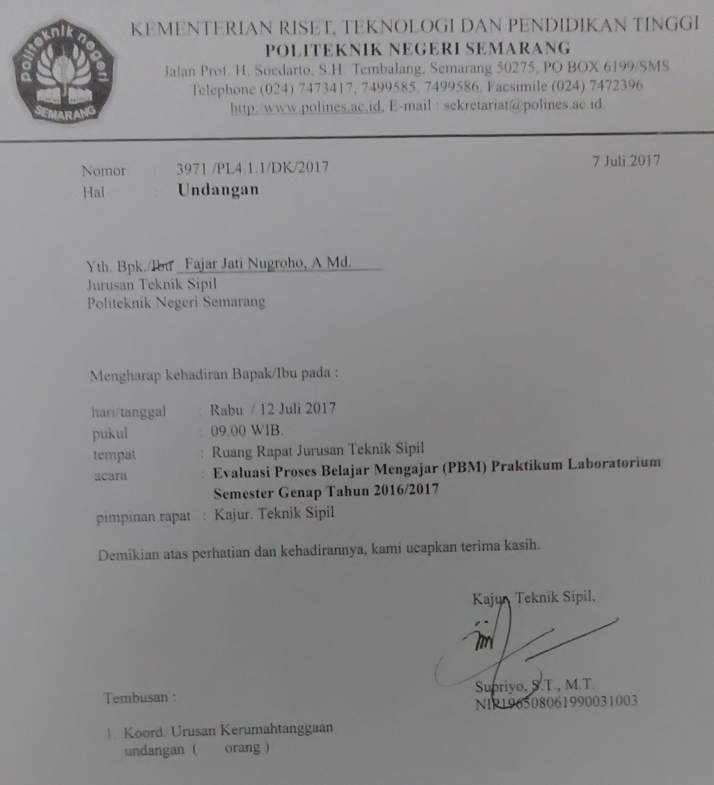 UNDANGAN RAPAT EVALUASI PBM PRAKTIKUM LABORATORIUM SEMESTER GENAP 2016/ ...